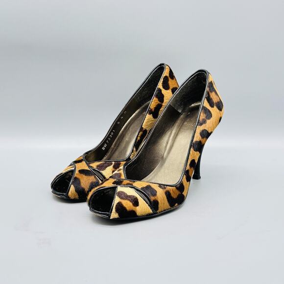 Stuart Weitzman Shoes Womens 5.5 Brown Calf Hair Leather Pumps Leopard Peep Toe - Picture 4 of 12